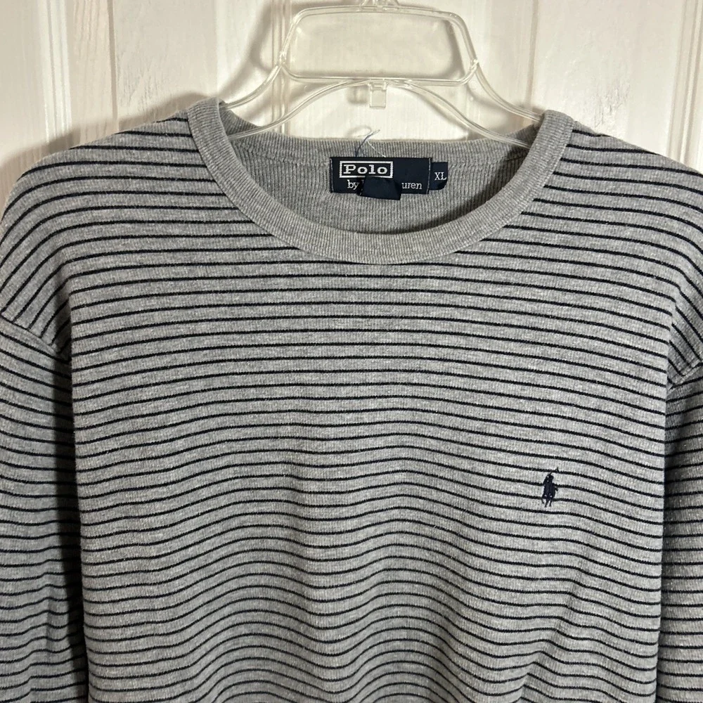VTG Polo Ralph Lauren‎ Cotton Sweater Gray Blue Stripe Men XL Blue Pony